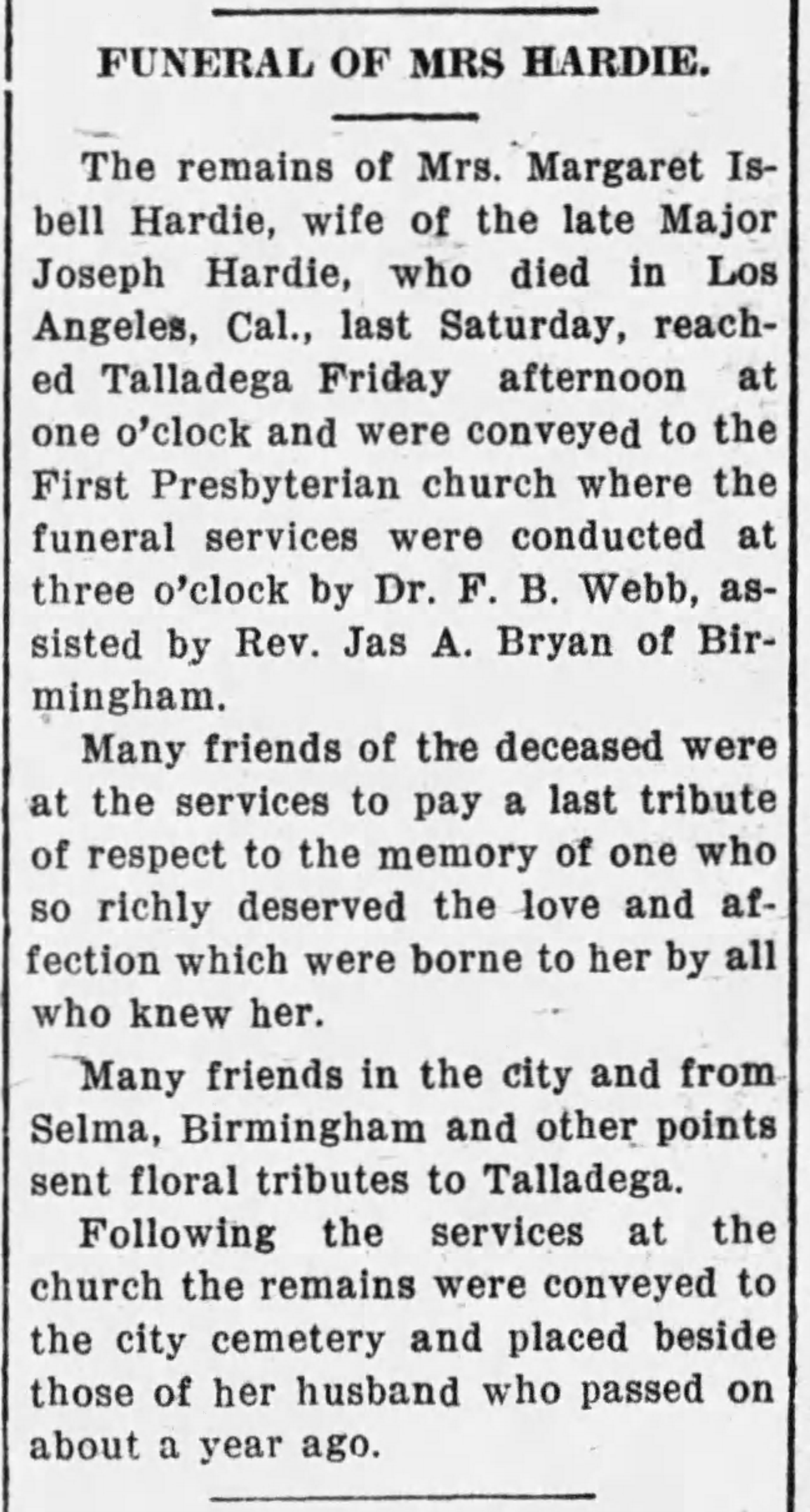 Funeral of Mrs. Hardie